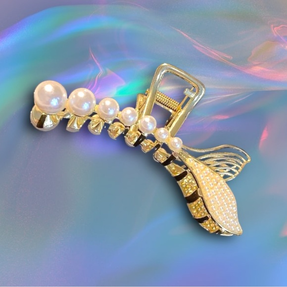 New! Mermaid Tail Hair Claw Clip Gold and Pearl NWT - Picture 6 of 7